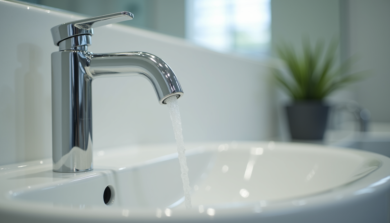 Close-up view of bathroom faucet and sink with modern design