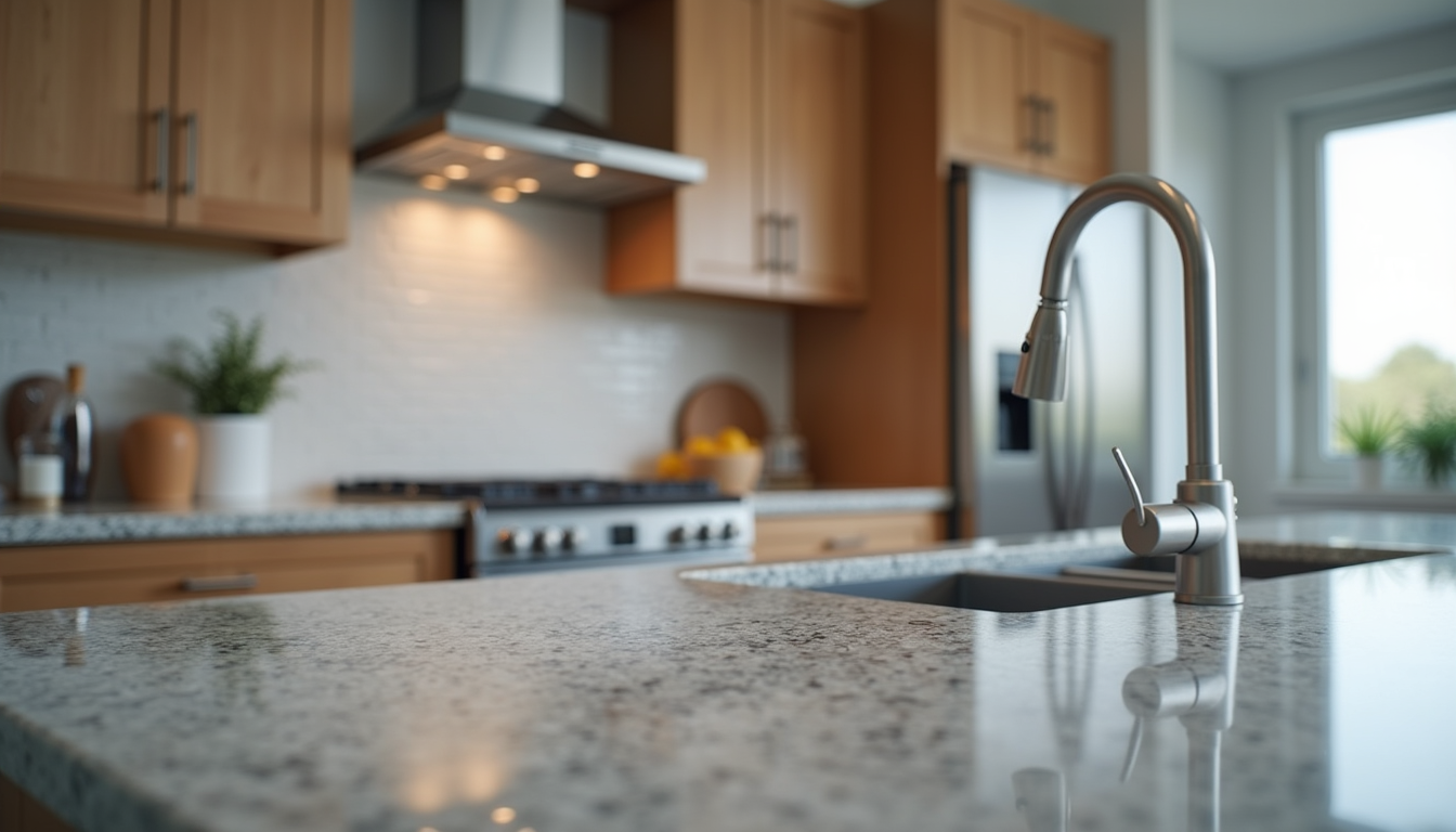 Close-up view of granite countertops and new stainless steel appliances in a kitchen