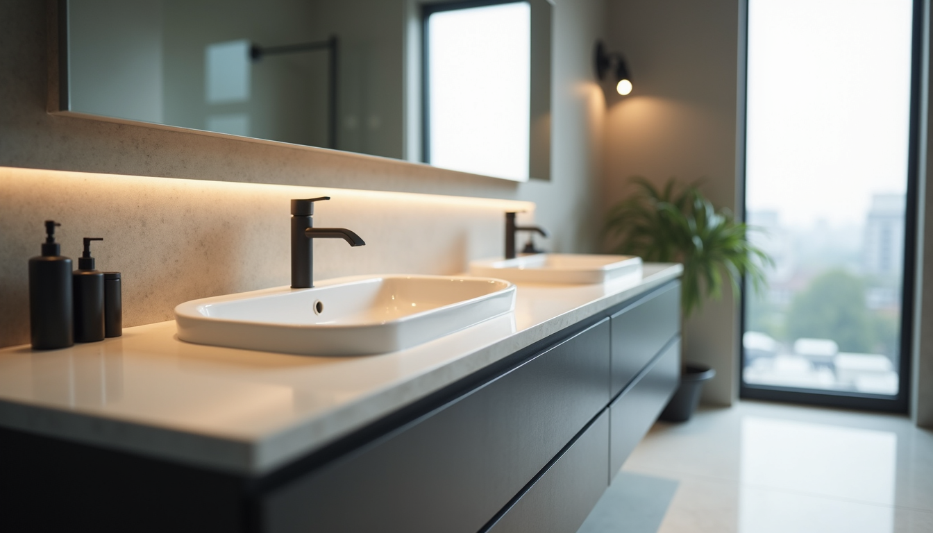 Eye-level view of modern bathroom vanity with sink and mirror