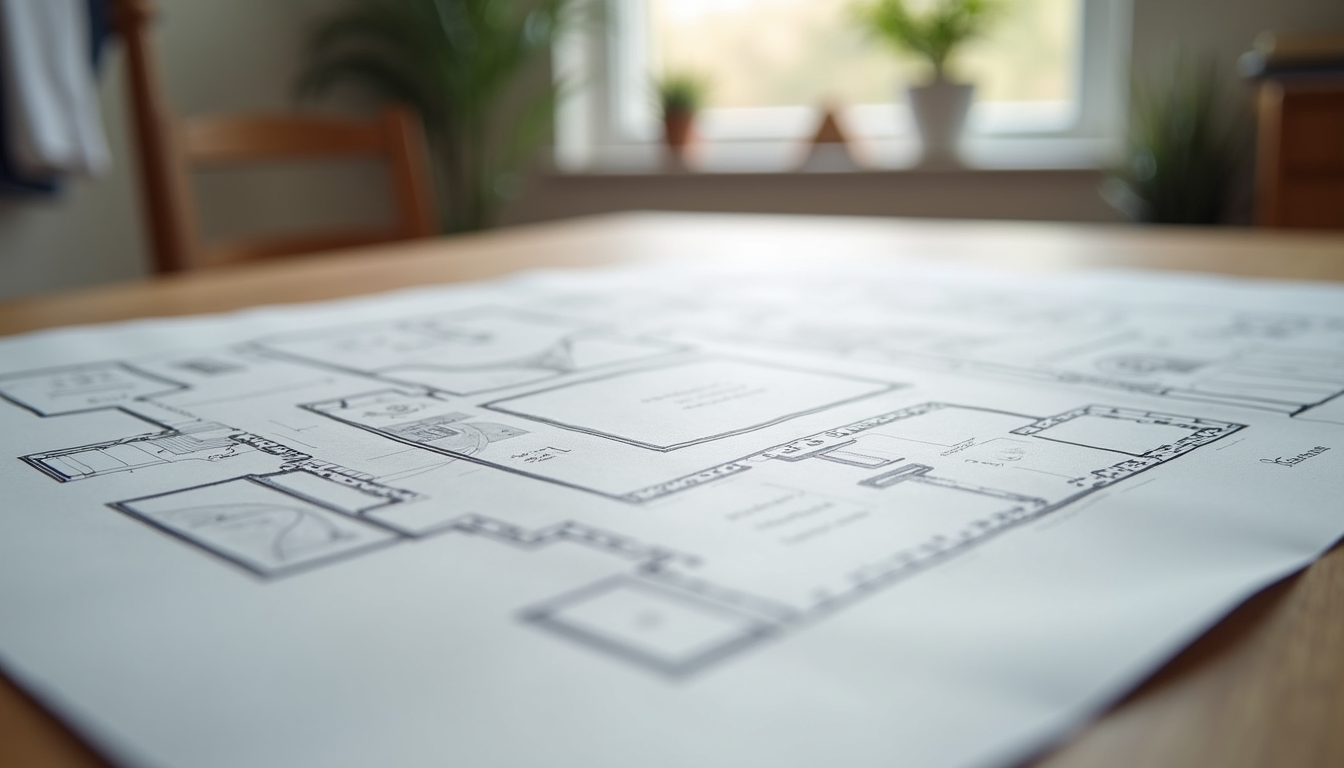 Eye-level view of a modern bathroom layout plan on a table