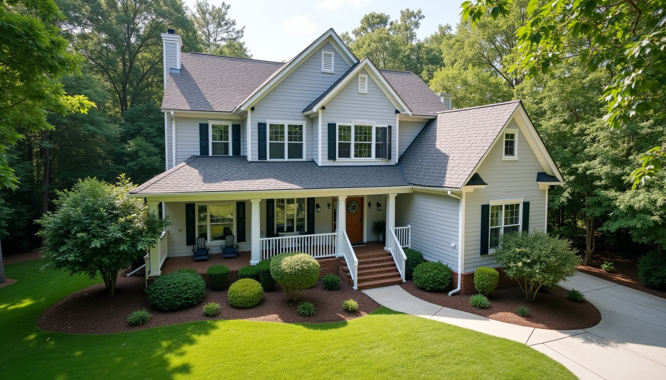High angle view of a renovated Charlotte home exterior with fresh paint and landscaping