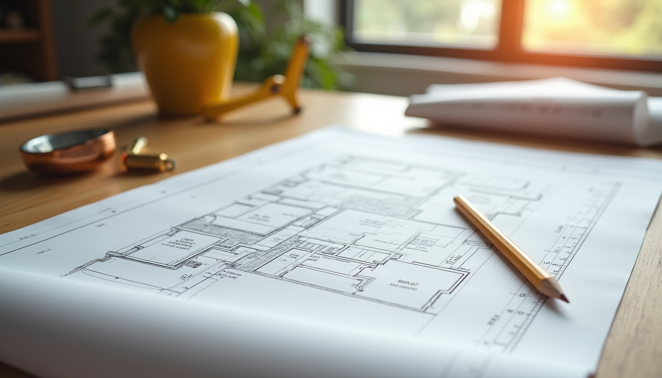 Eye-level view of a well-organized home renovation blueprint on a wooden table
