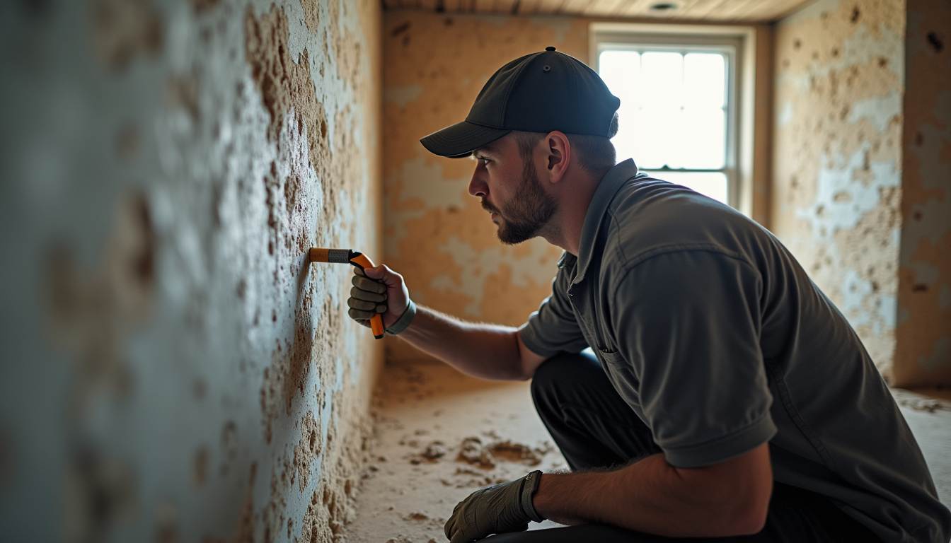 High angle view of a home inspector examining a basement wall for moisture damage