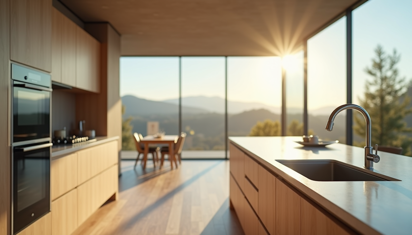 Eye-level view of a modern kitchen with open layout and natural light