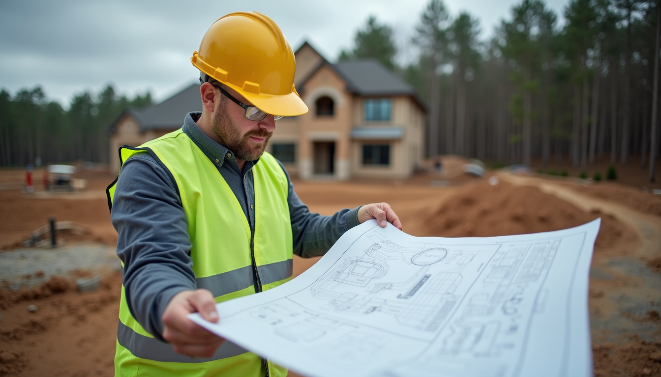 Eye-level view of a construction manager reviewing blueprints on a Charlotte home renovation site