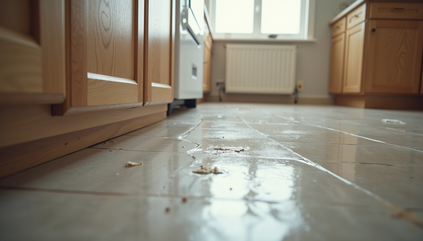 Close-up view of damaged kitchen cabinets and water-damaged flooring