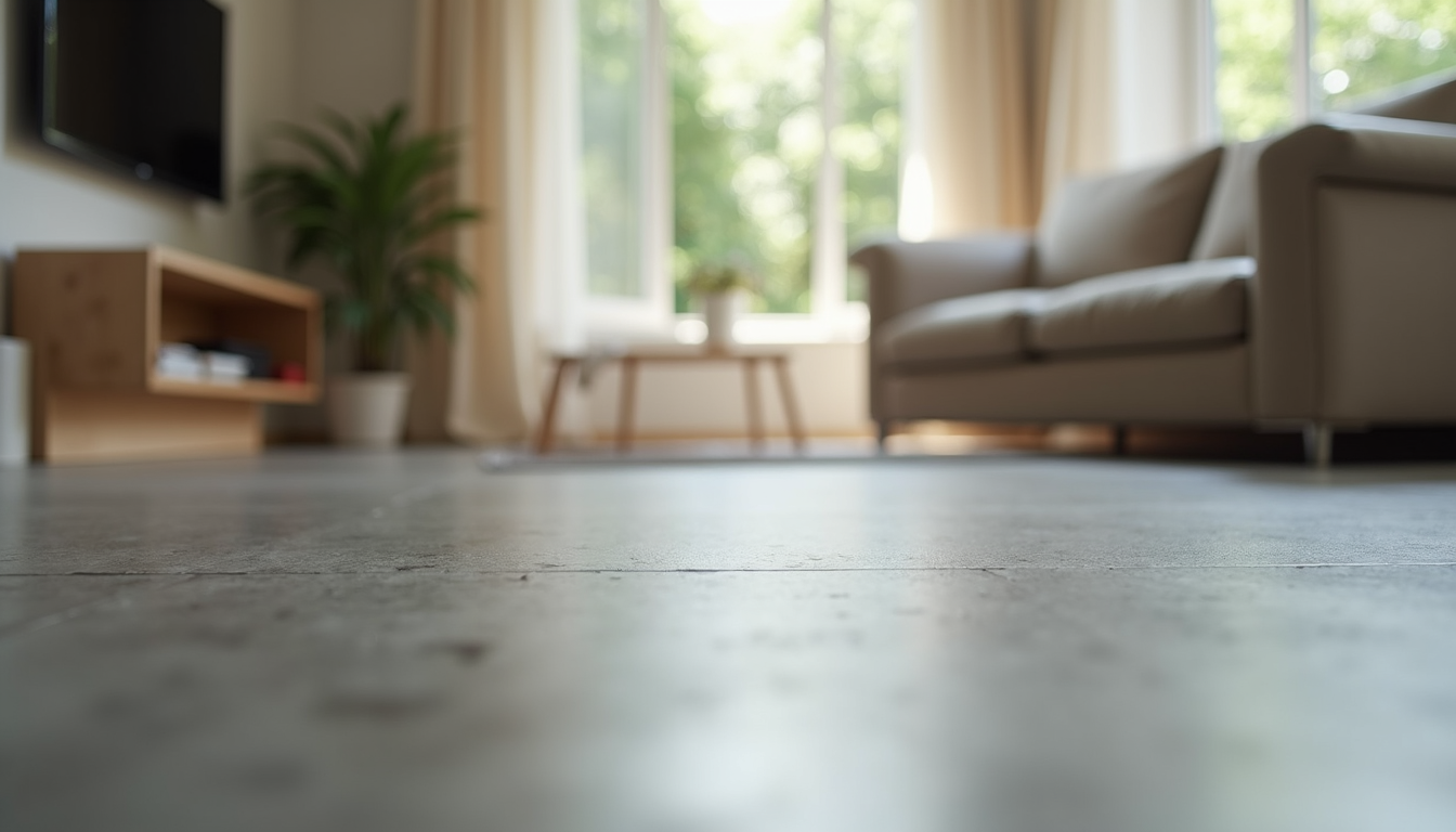 Eye-level view of polished concrete floor in a modern living room