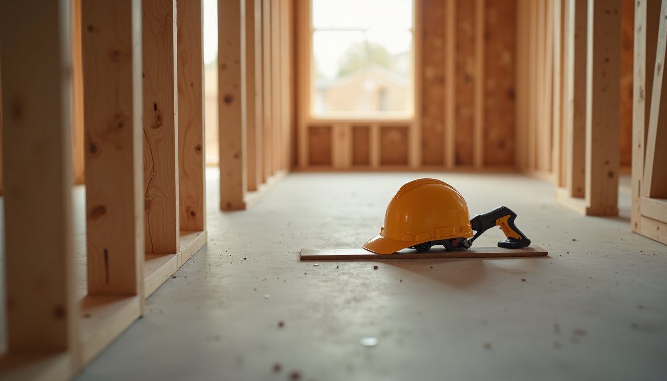 Eye-level view of a construction site showing different trades working in a coordinated sequence