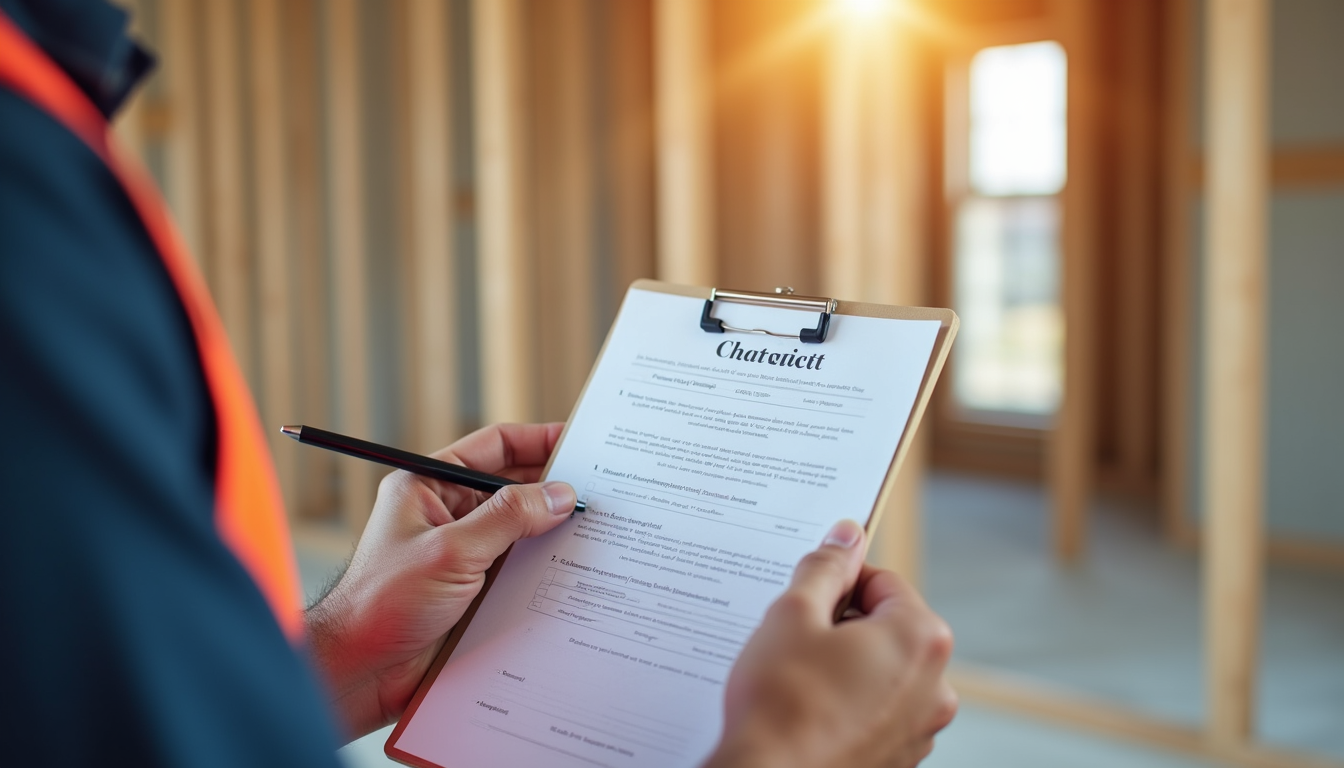 Close-up view of a contractor’s hands holding a checklist during a home renovation site visit