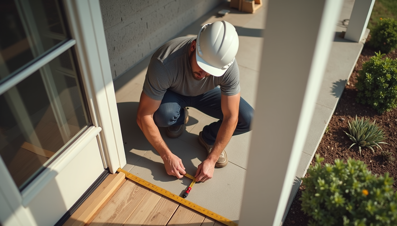 High angle view of a contractor measuring porch dimensions for screened-in porch installation in Charlotte