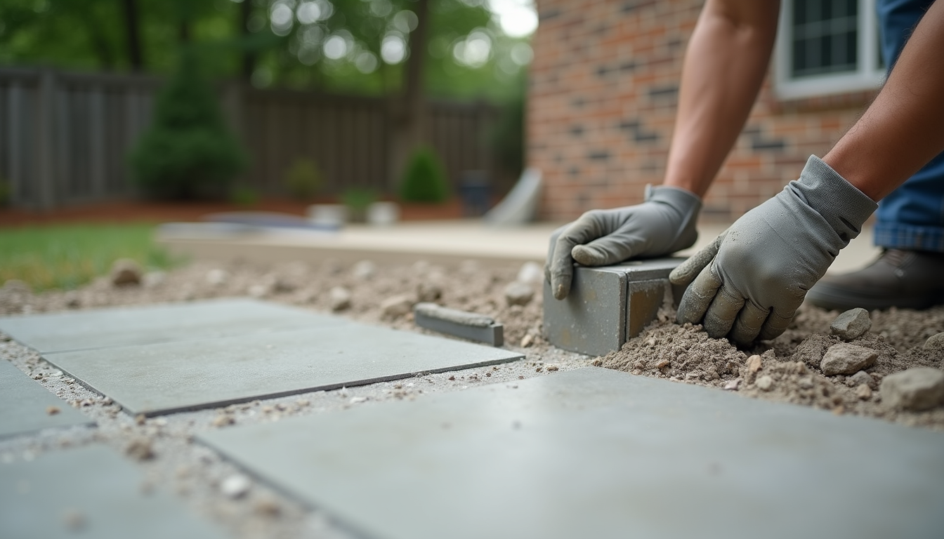 Close-up view of concrete and tilework installation on a Charlotte home patio