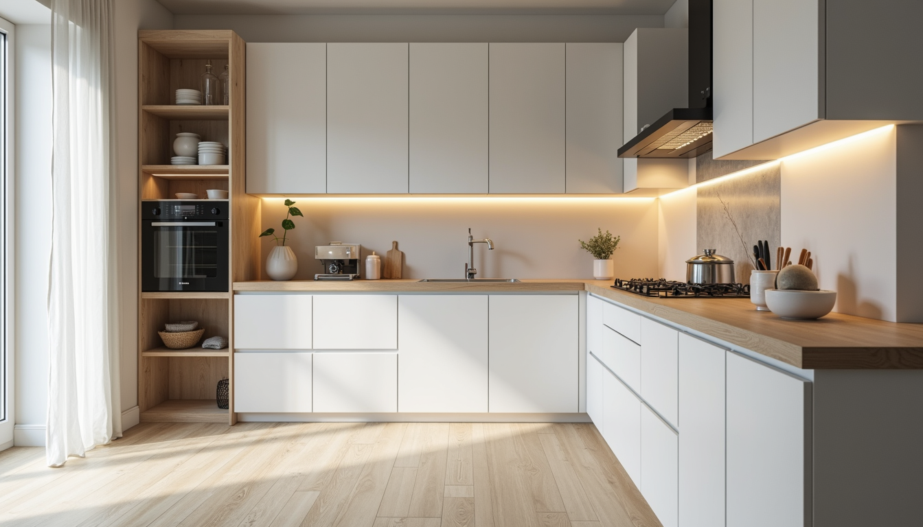 Eye-level view of a modern kitchen remodel with new cabinets and countertops