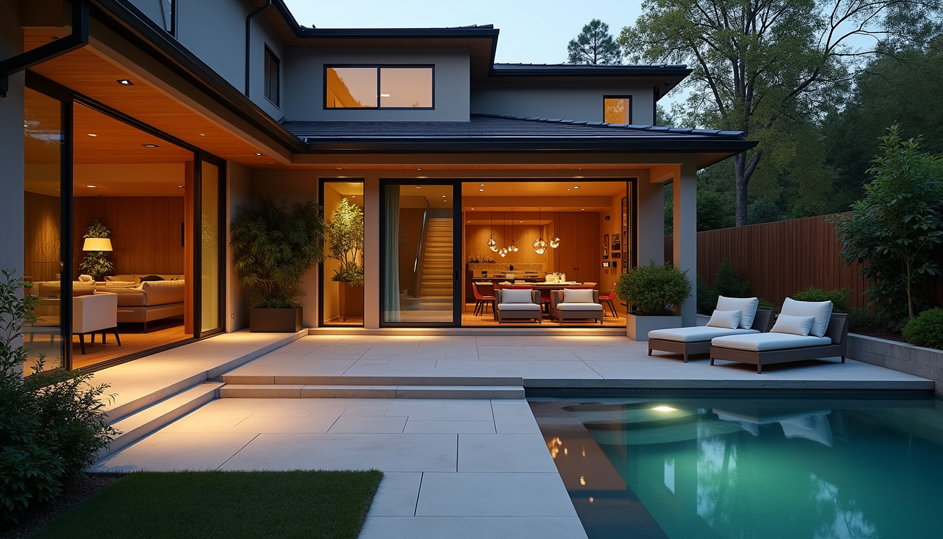Eye-level view of a modern outdoor patio with comfortable seating and ambient lighting