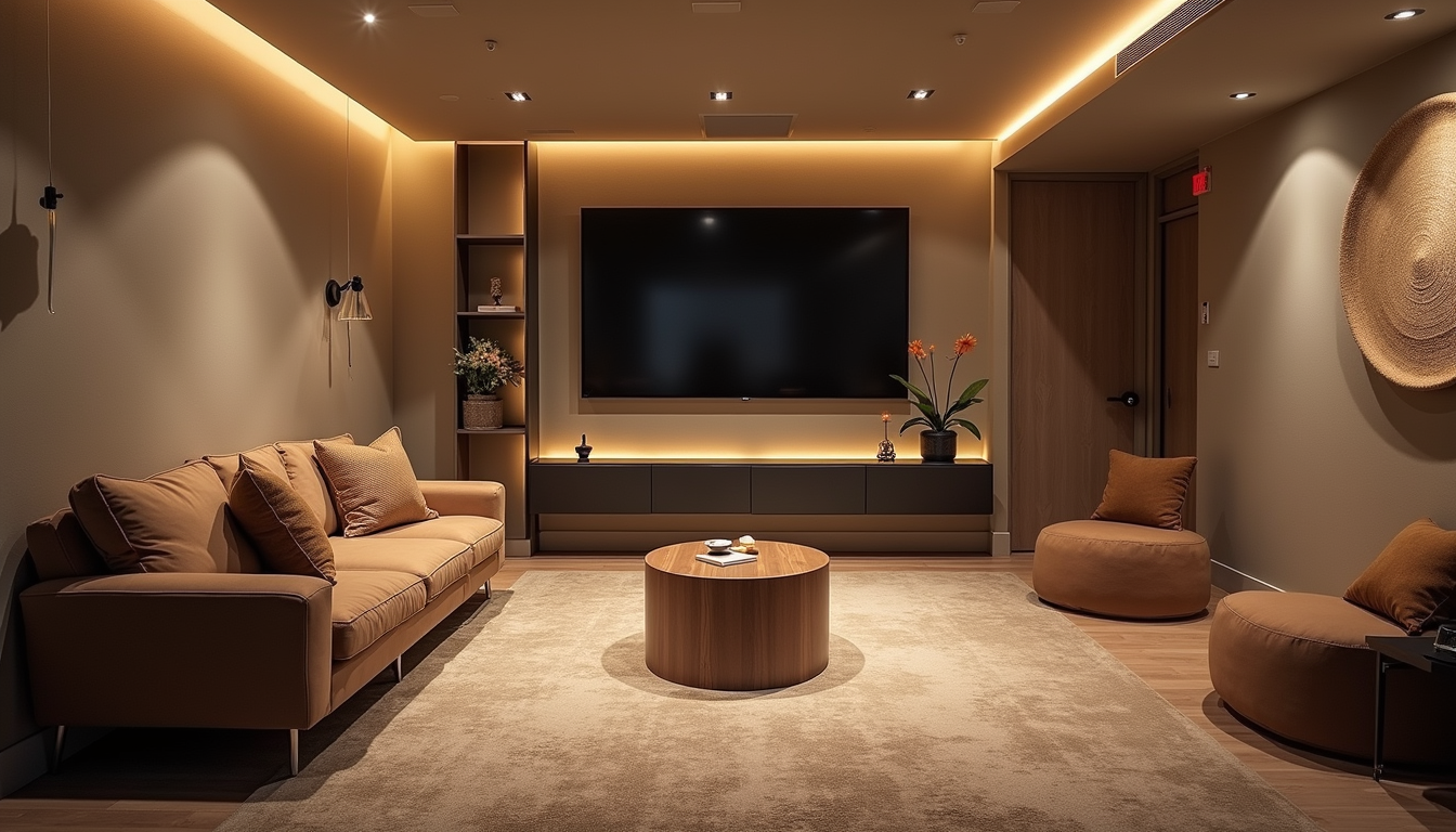 Wide angle view of a remodeled basement with modern lighting and cozy seating