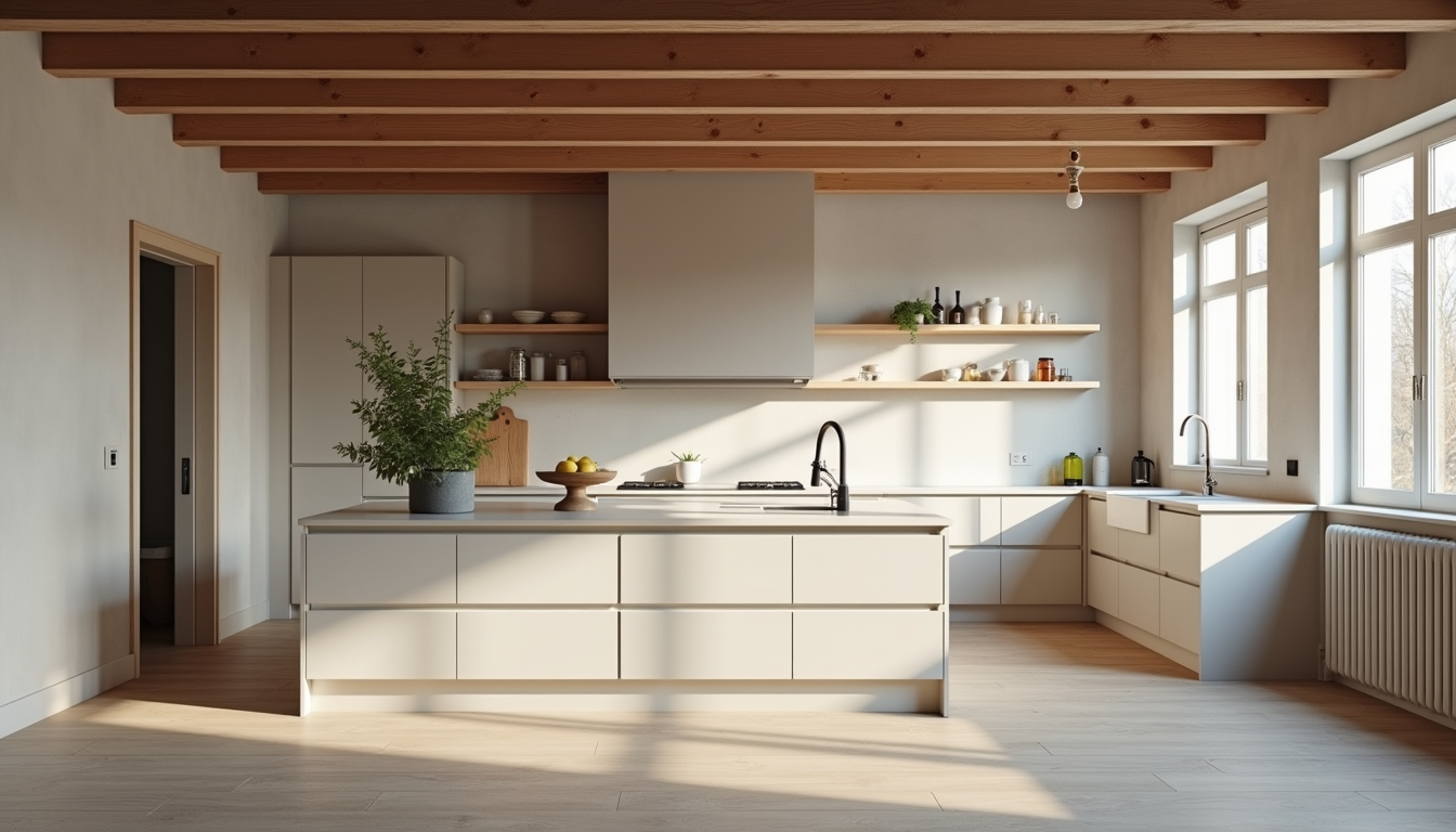 Eye-level view of a partially renovated kitchen with exposed beams and new cabinetry