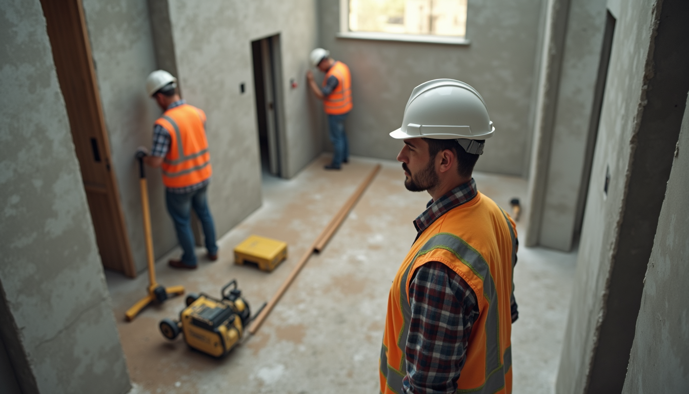 High angle view of a construction manager inspecting a home renovation site with workers in the background