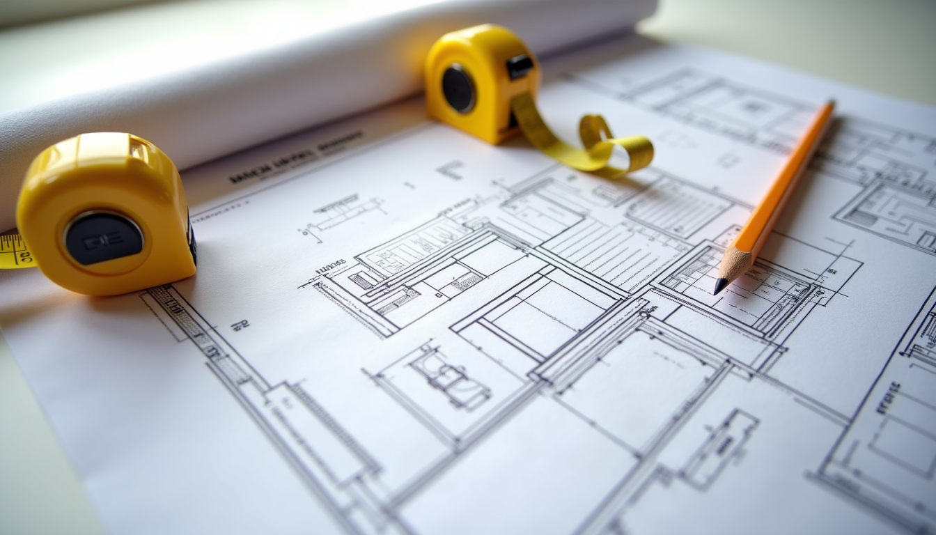 High angle view of a home remodeling blueprint with a pencil and measuring tape