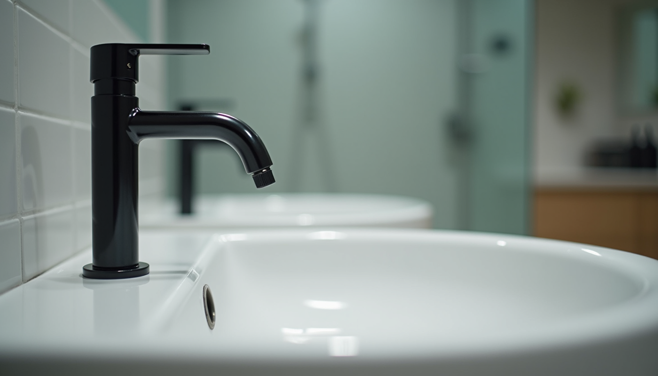 Close-up view of bathroom faucet and sink with modern fixtures