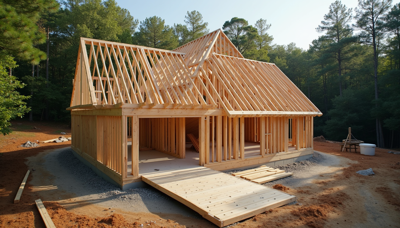 High angle view of construction workers framing a home addition in Charlotte
