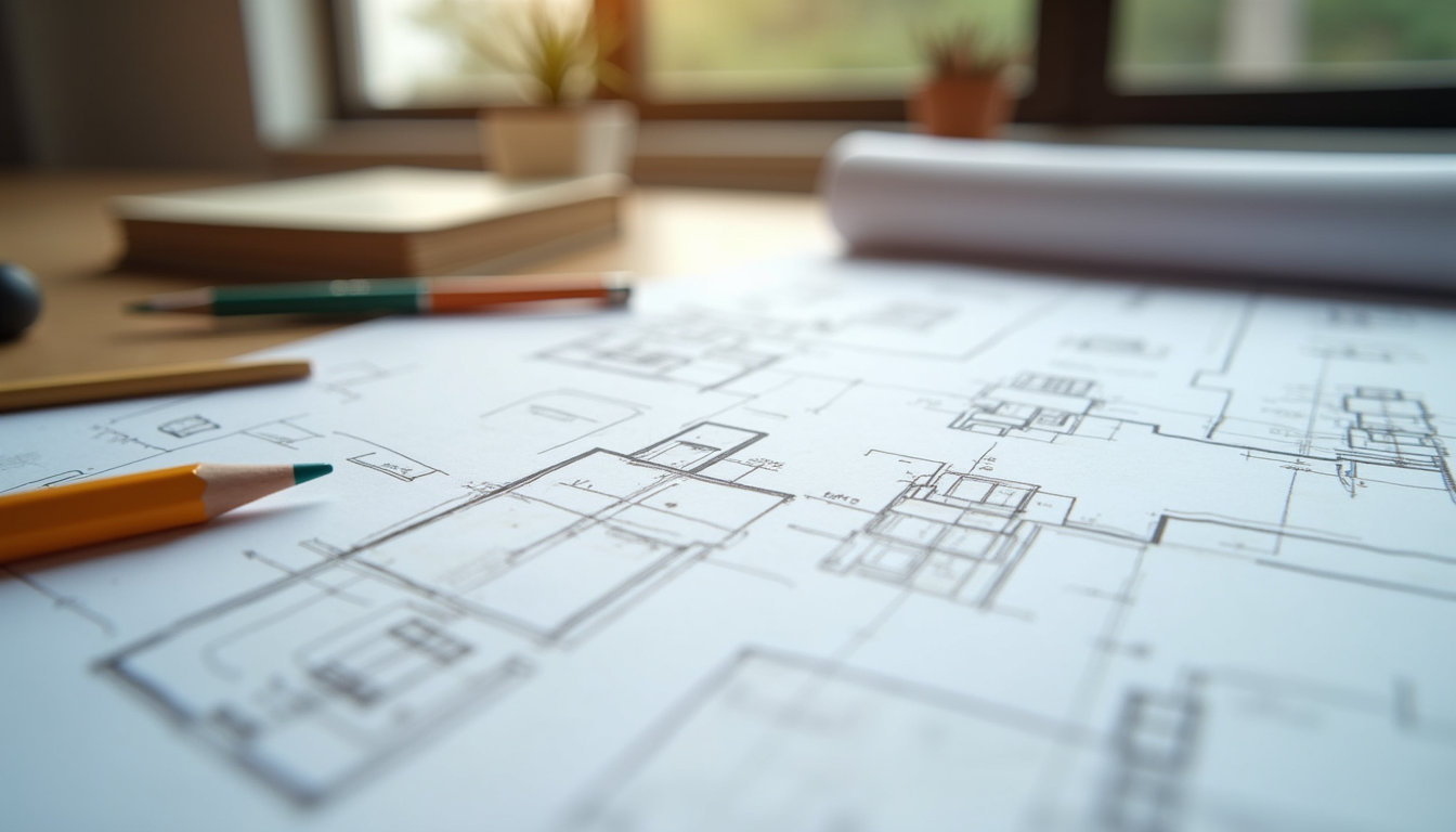Eye-level view of a detailed home renovation blueprint spread on a table