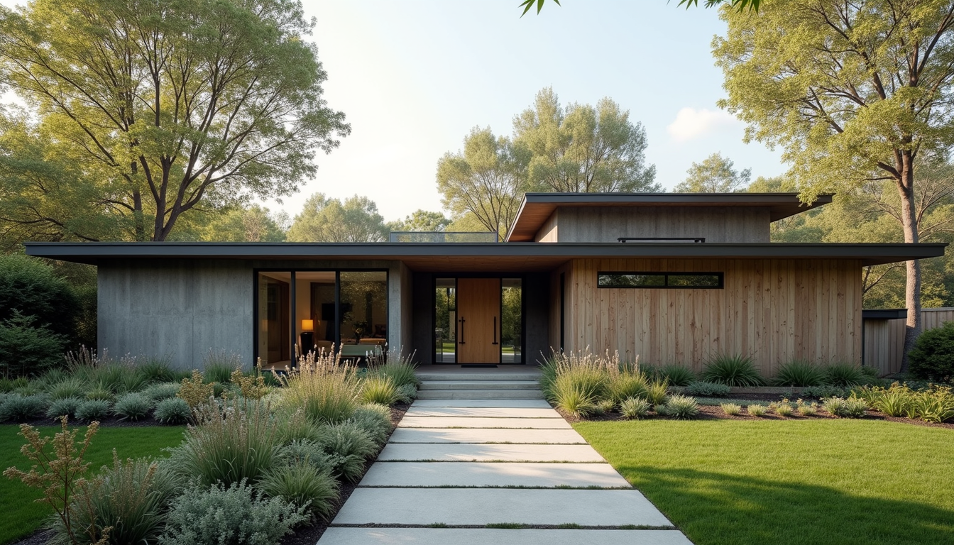 Eye-level view of modern home exterior with clean lines and natural landscaping
