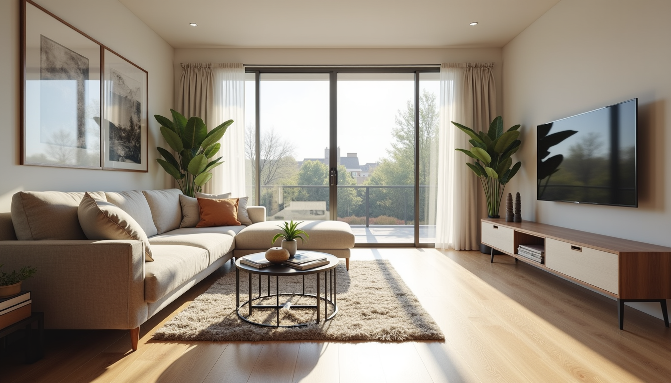 Wide angle view of a remodeled living room with natural light in a Hunter Oaks home