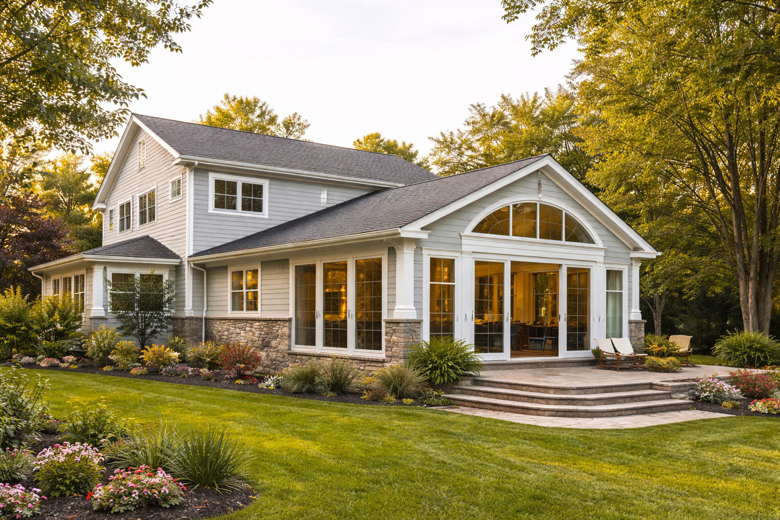 Eye-level view of a finished home addition with landscaping in Charlotte