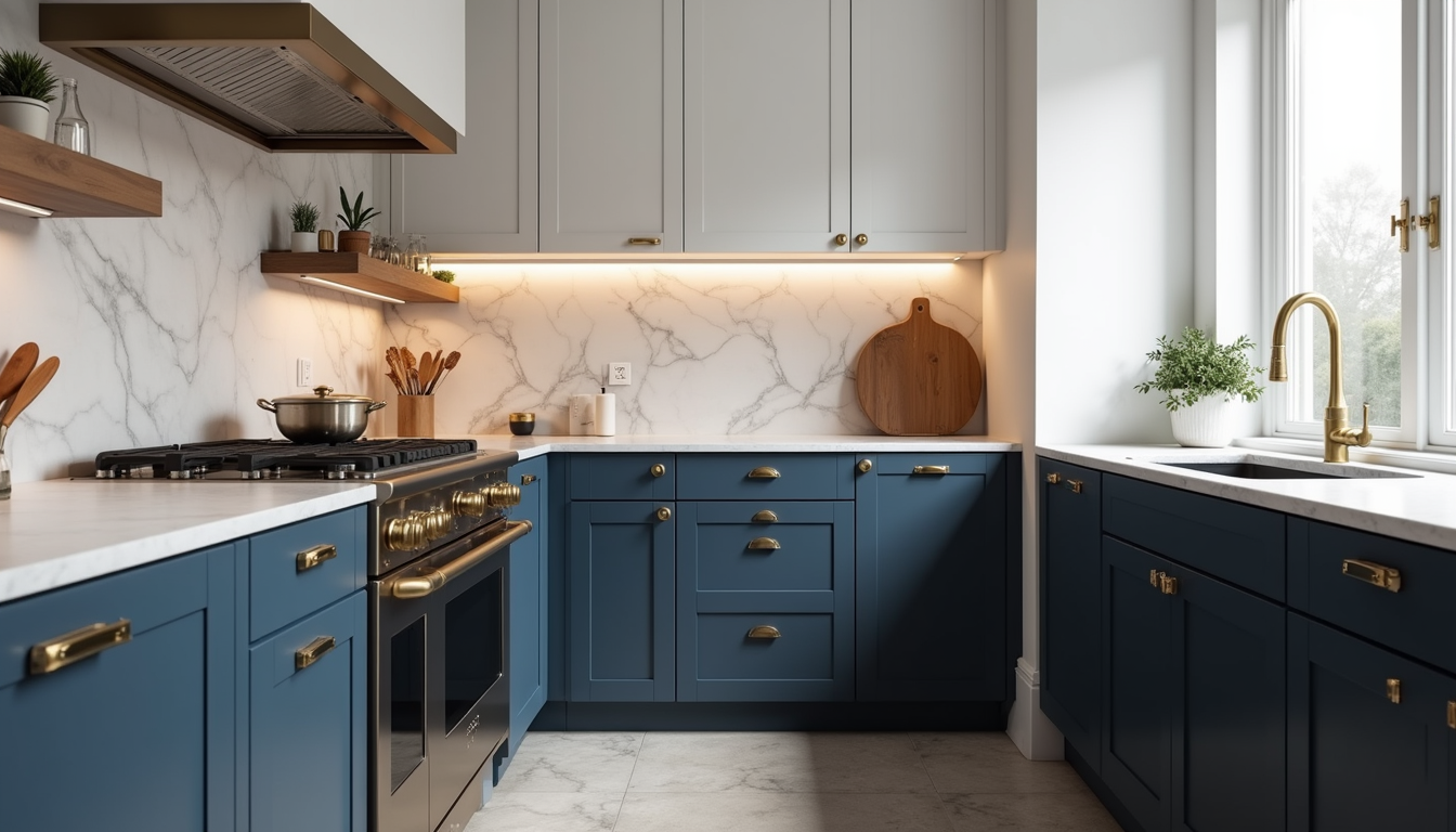 Eye-level view of a modern two-toned kitchen with navy blue lower cabinets and white upper cabinets, featuring brass hardware and marble countertops