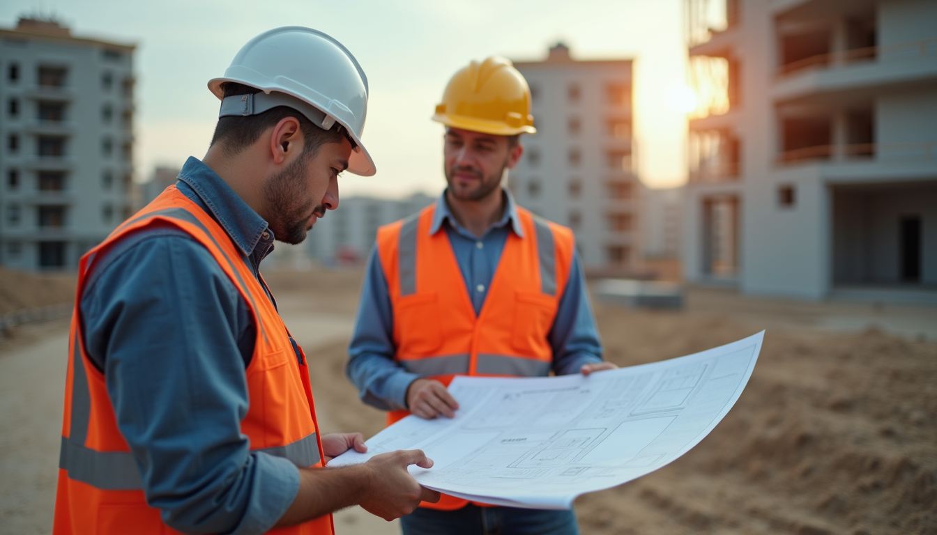 Eye-level view of a construction manager reviewing blueprints on a residential building site