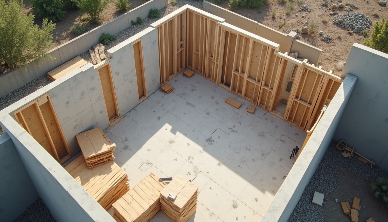 High angle view of a home renovation site with construction materials and partially completed walls
