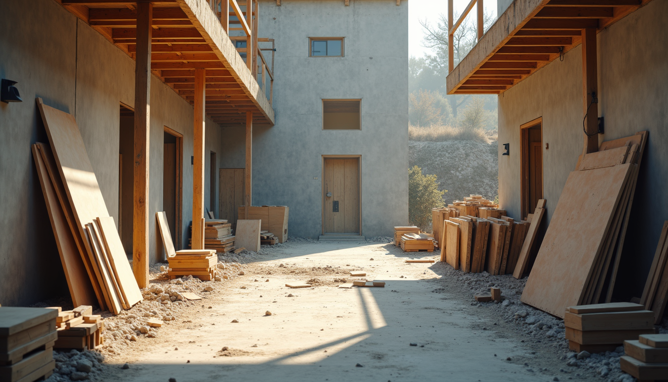 Wide angle view of a construction site with organized materials and tools