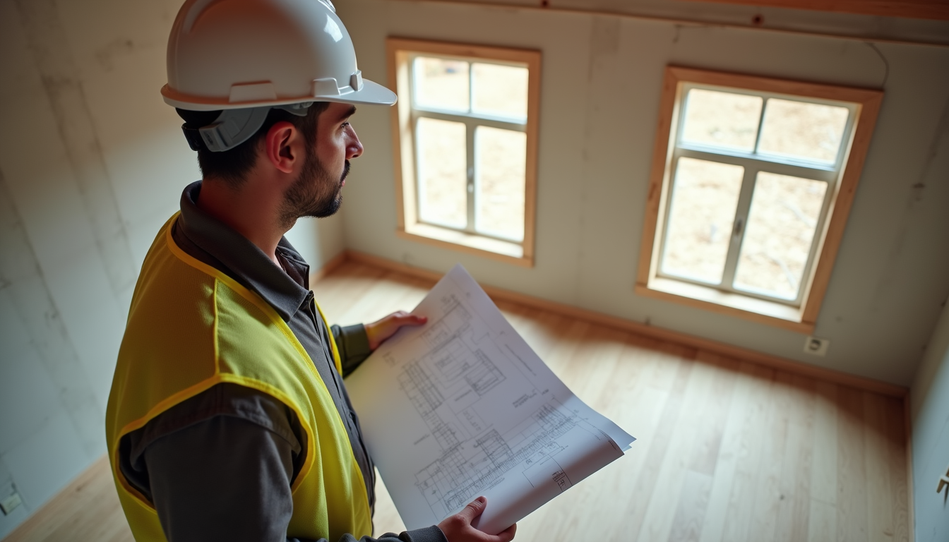 High angle view of a construction manager reviewing blueprints on a Charlotte home renovation site