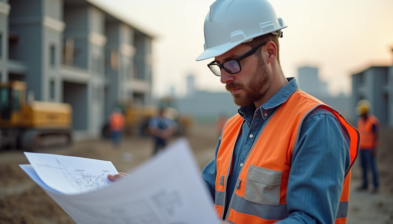 Eye-level view of a construction manager reviewing blueprints on a residential building site