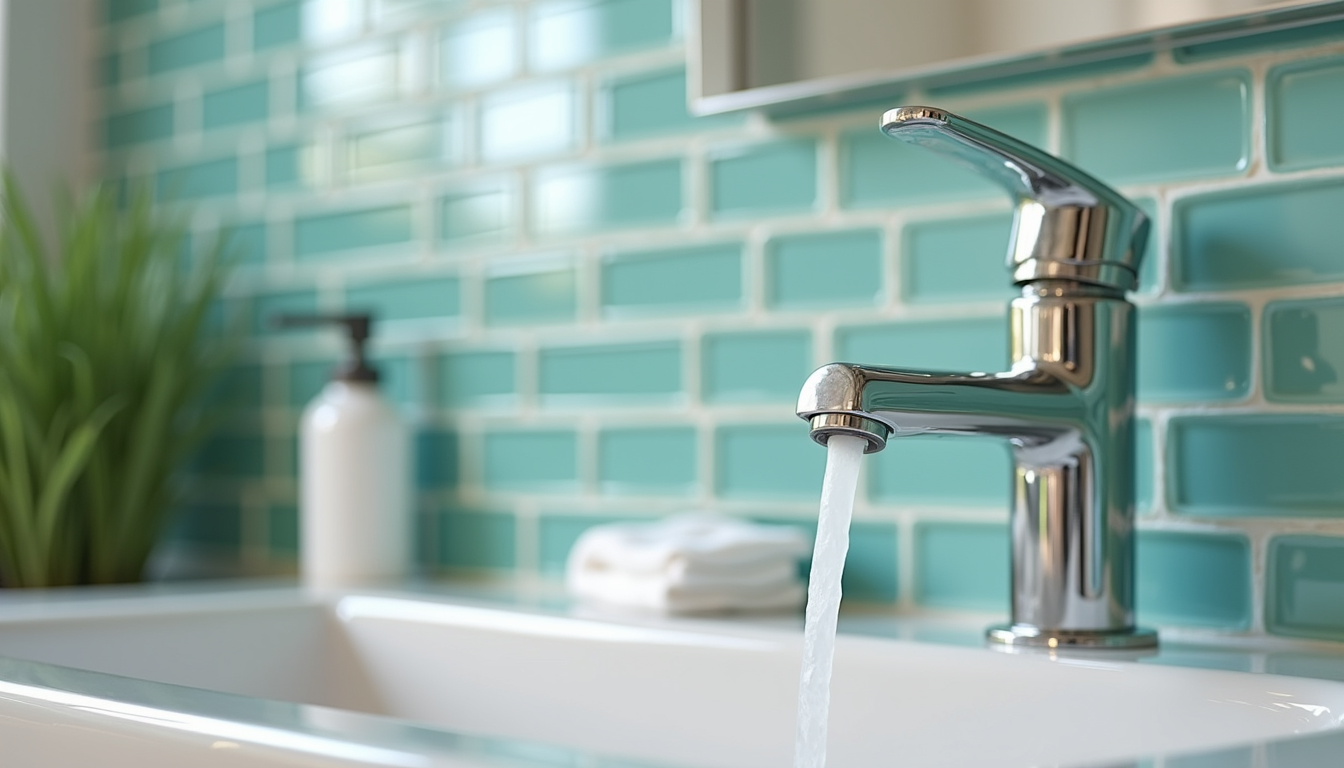 Close-up of eco-friendly bathroom fixtures including low-flow faucet and recycled tile