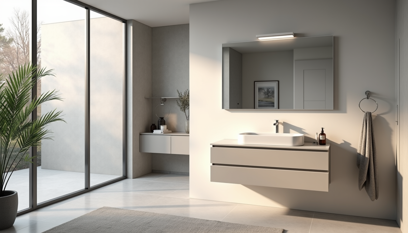 Eye-level view of a modern bathroom with floating vanity and large mirror