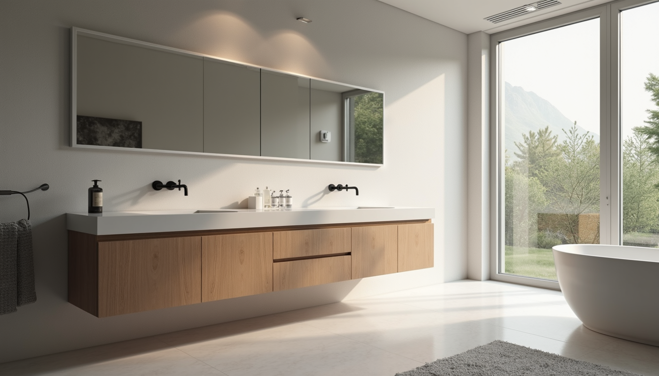 Eye-level view of modern bathroom vanity with storage cabinets