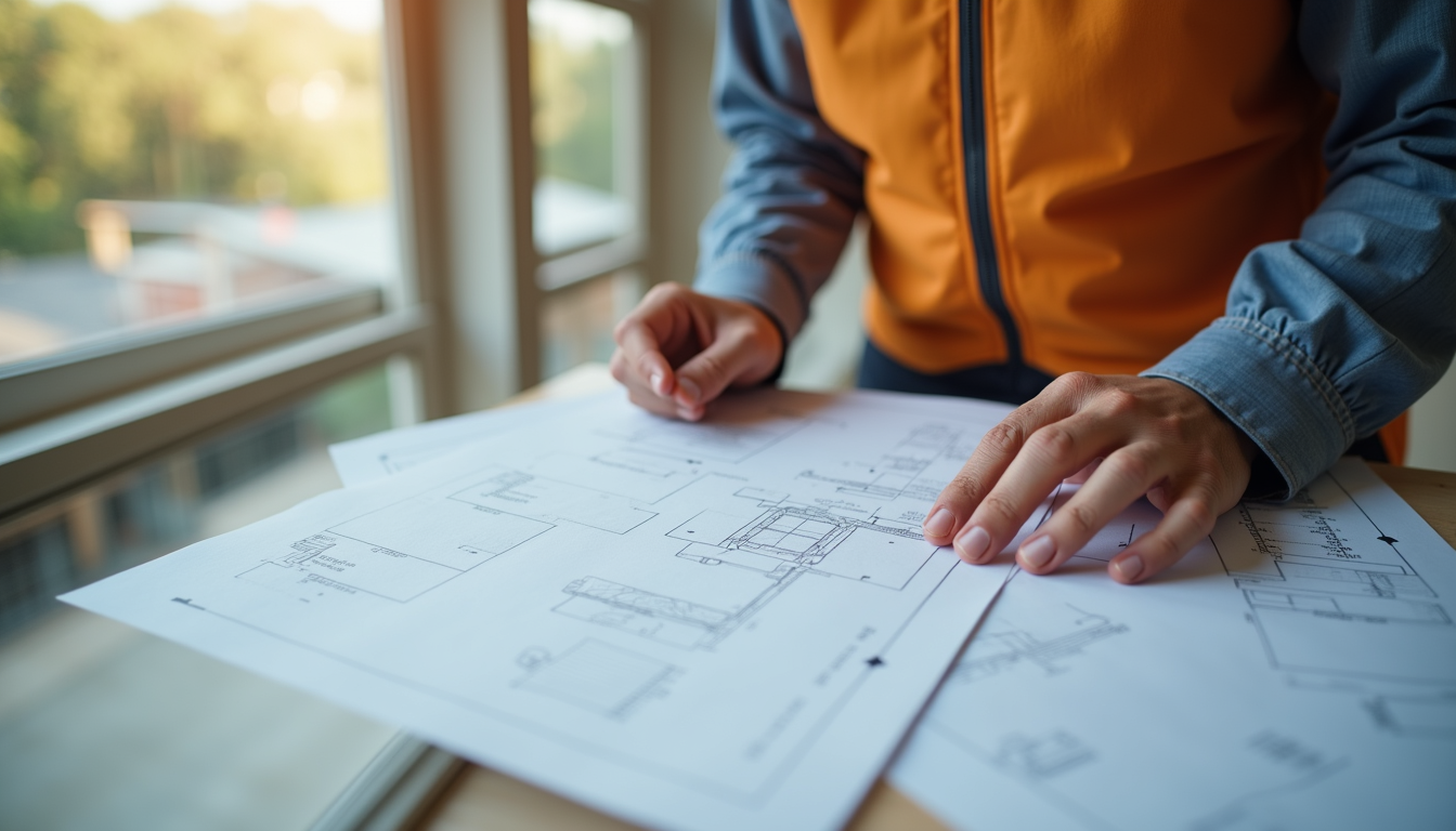 Close-up view of a project manager reviewing blueprints on a residential renovation site