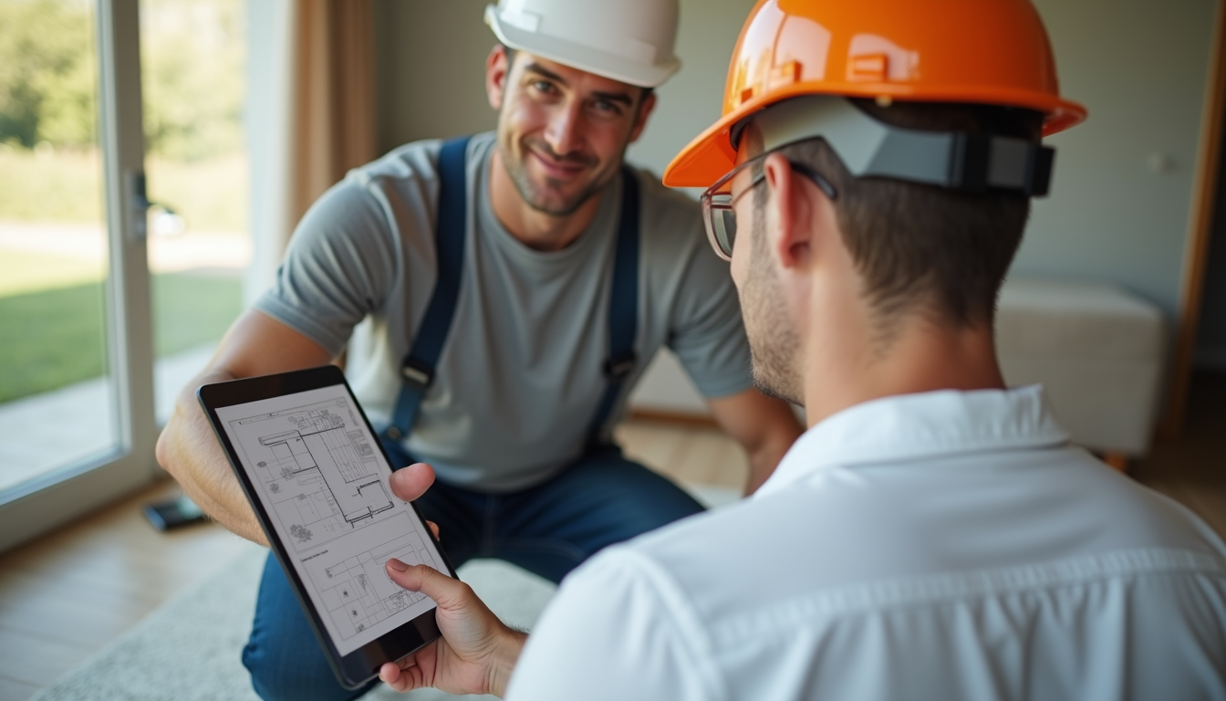 Close-up view of a contractor discussing remodeling plans with a homeowner over a tablet