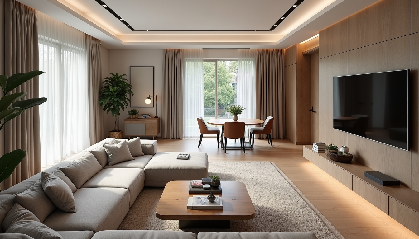 High angle view of a living room with open floor plan after remodeling