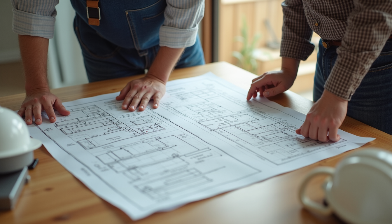 High angle view of a contractor discussing renovation plans with a homeowner over blueprints