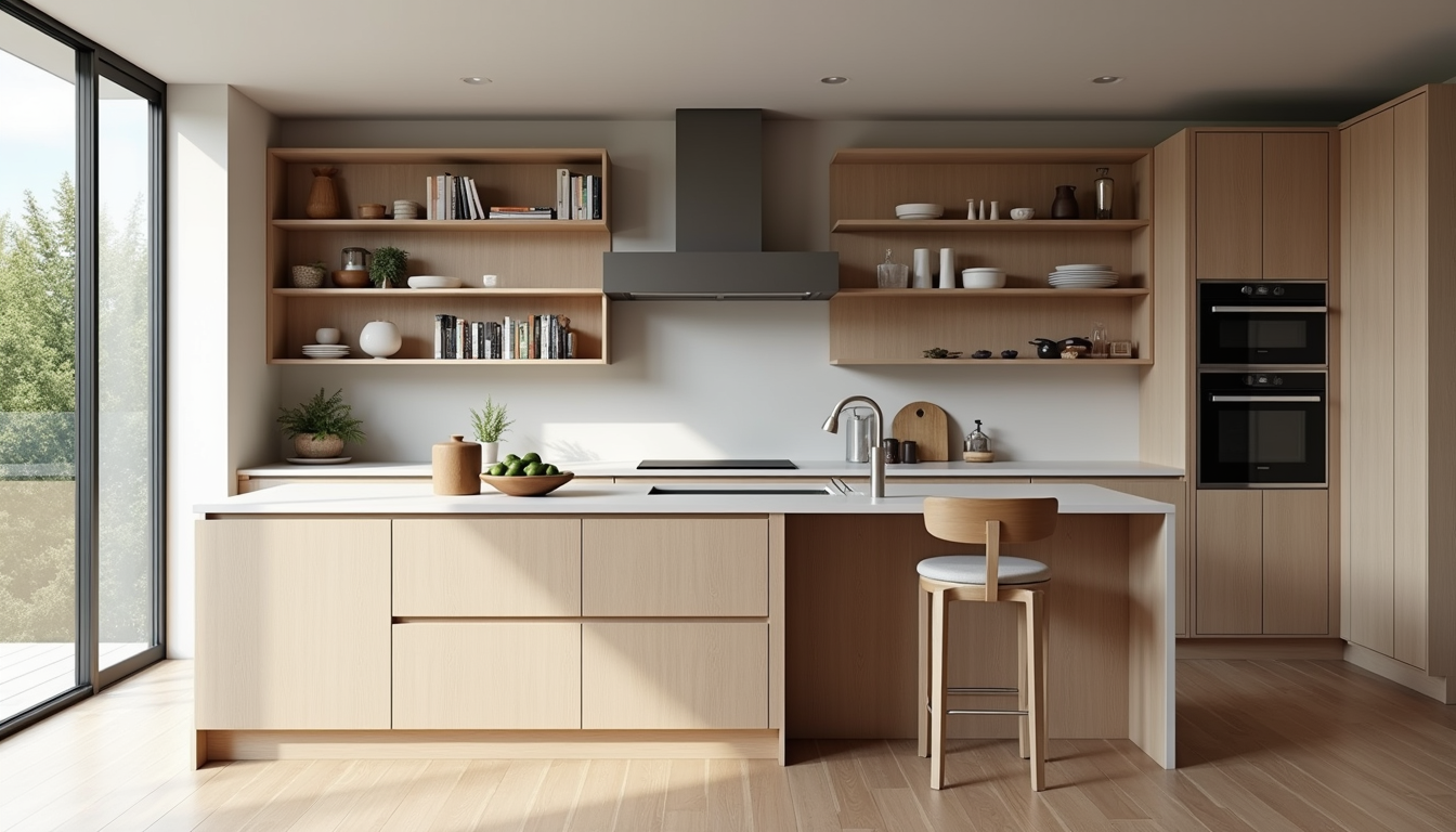 Eye-level view of a modern kitchen with floating wooden shelves and minimalist cabinetry