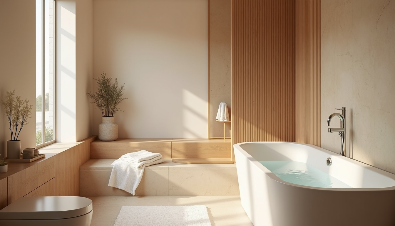 High angle view of a spa-inspired bathroom with freestanding tub and heated floors