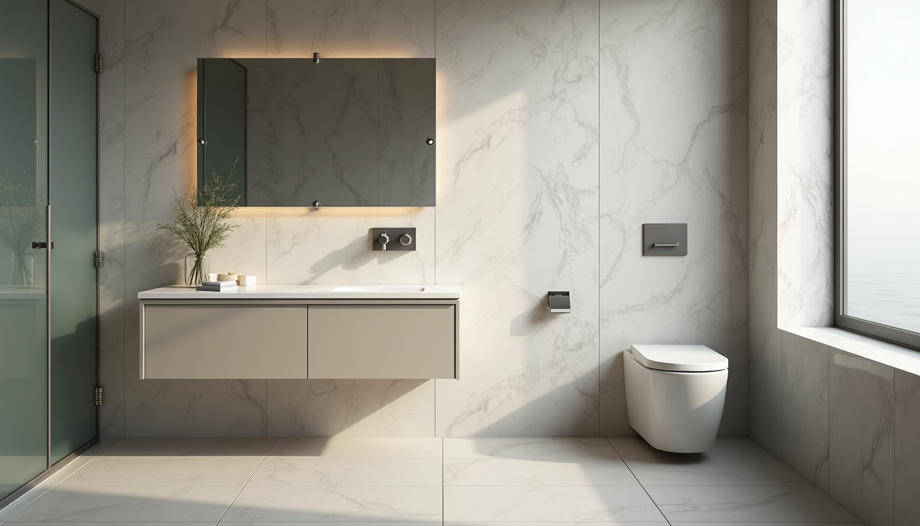 Eye-level view of modern bathroom with new fixtures and tiles