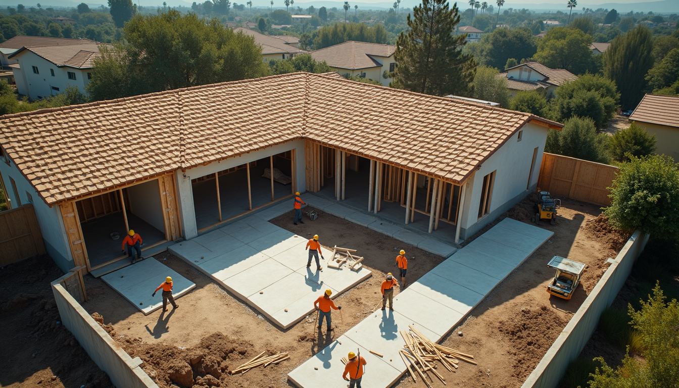 High angle view of a construction site with workers and equipment actively renovating a house