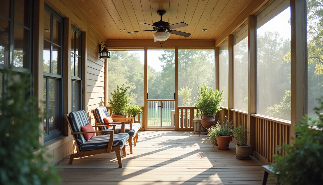 Eye-level view of a finished screened-in porch with ceiling fan and outdoor furniture in a Charlotte home