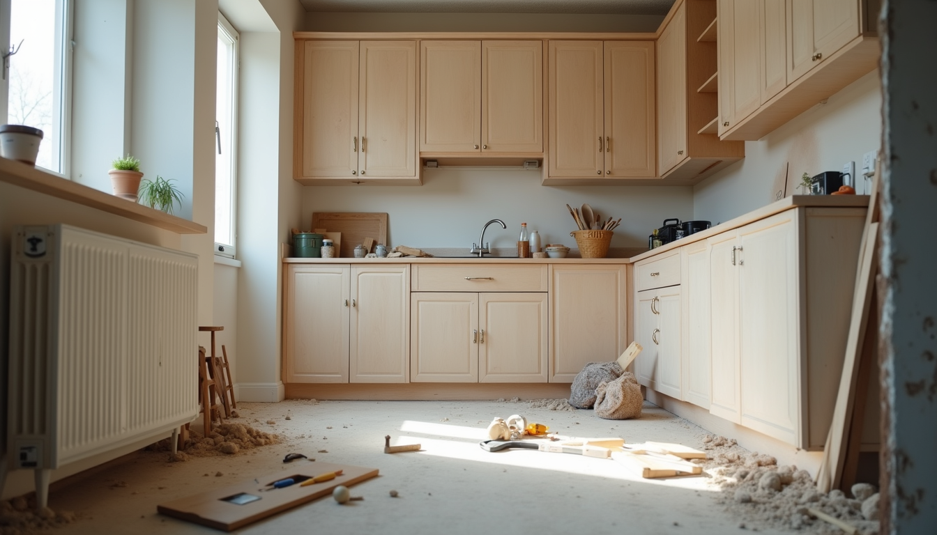 Eye-level view of a modern kitchen under renovation with tools and materials neatly arranged