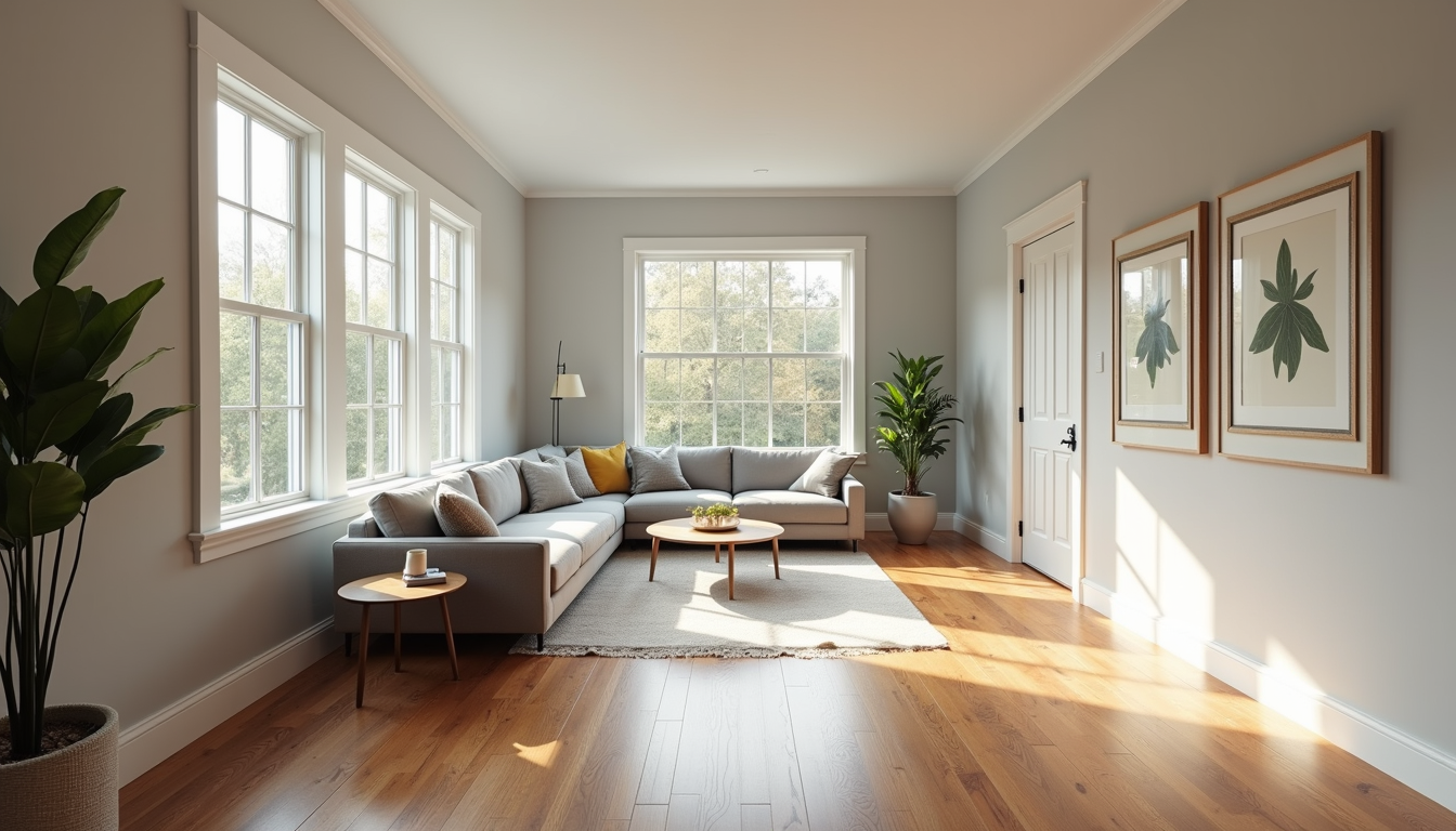 Wide angle view of a newly renovated Charlotte living room with hardwood floors and large windows