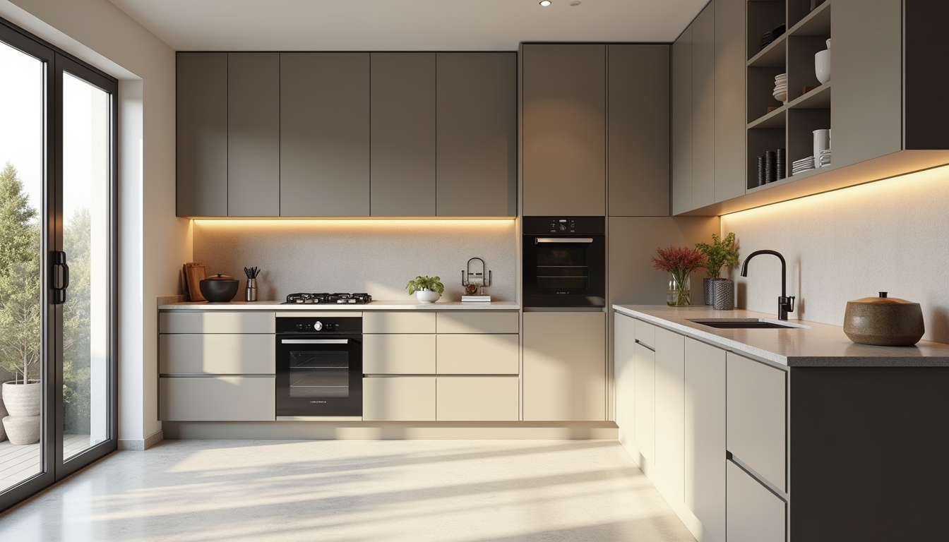 Eye-level view of a modern kitchen with mid-range cabinetry and appliances