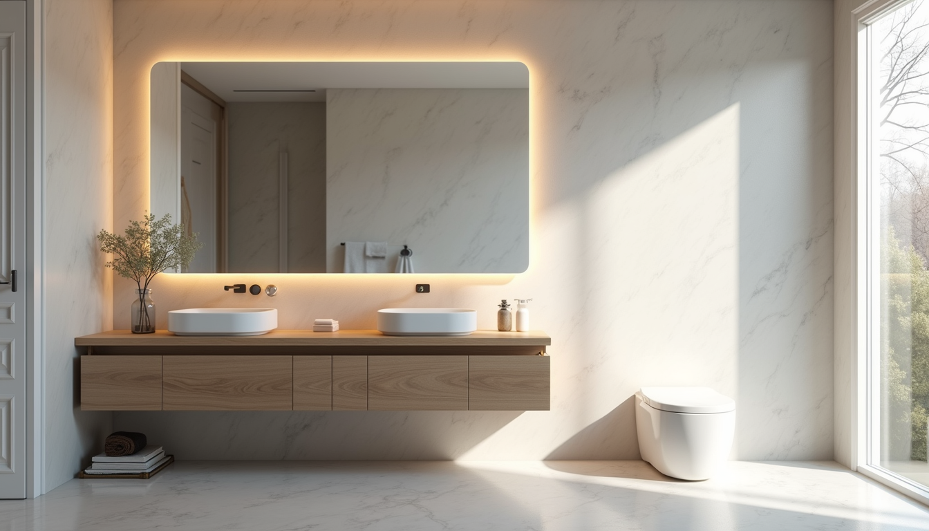 Eye-level view of a compact bathroom with floating vanity and large mirror