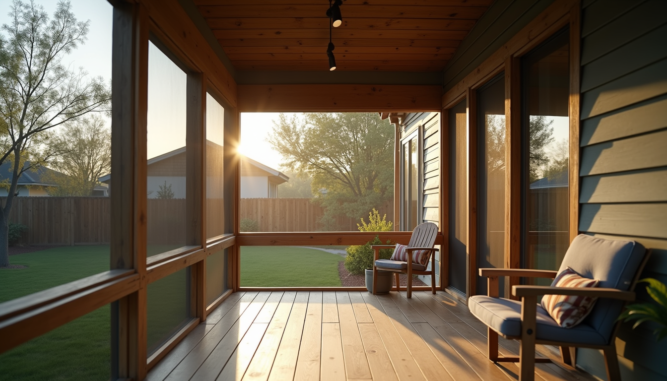Eye-level view of a newly built screened-in porch with wooden framing and mesh screens in a Charlotte backyard
